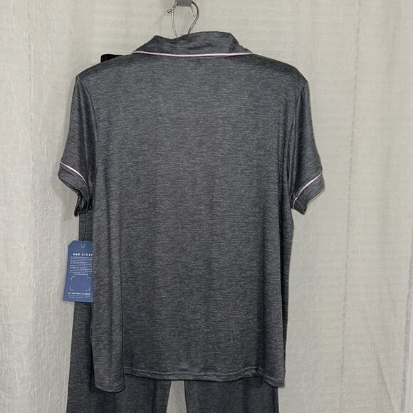 Life is Good L-XL Gray Pink Trim Notch Collar 2 pc Short Sleeve Top Pants PJ Set - Picture 10 of 16